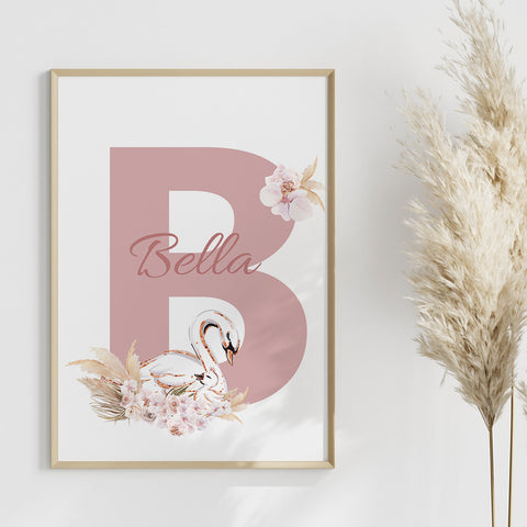 Framed wall art printable with a babies name starting with b, Bella set against a swan and pink flowers available at snuggly jacks