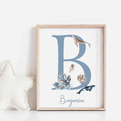 Framed wall art printable with a babies name starting with b, Benjamin set against whales and ocean life.