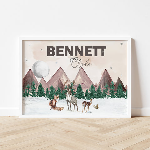 Framed wall art printable with a babies name starting with b, Bennett set against mountains and pines trees in Snuggly Jacks Print known as forest Bound.