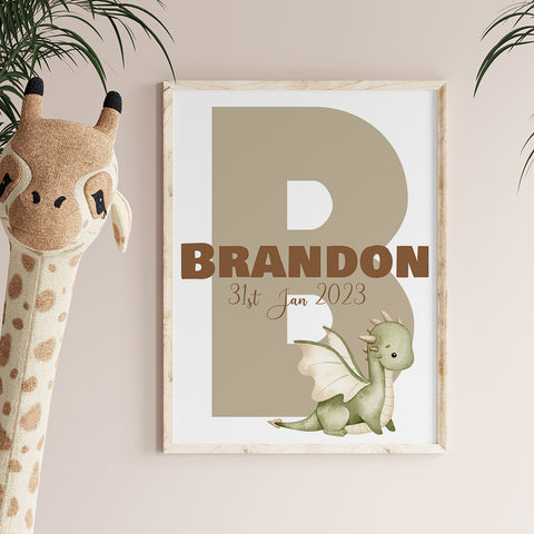 Framed wall art printable with a babies name starting with b, Brandon set beside a little dragon designed to match Snuggly Jacks Mystique print.