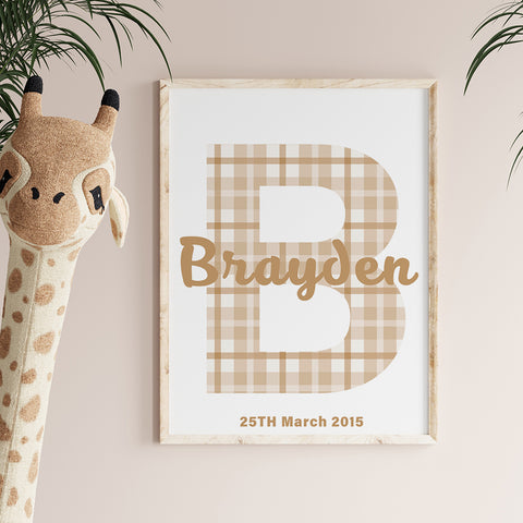 Framed wall art printable with a babies name starting with b, Braydon set against a pink gingham style. Shop now at Snuggly Jacks Canada.