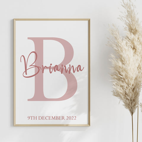 Framed wall art printable with a babies name starting with b, Brianna set against a solid peachy pink B with a white background