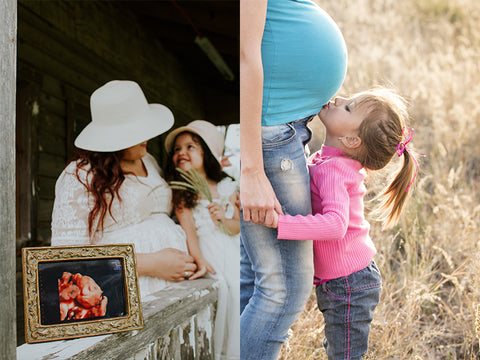 Mother and daughter standing in a field of wild flowers pregnancy announcement