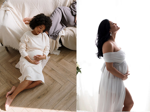 Pregnant women in a white dress against a white background
