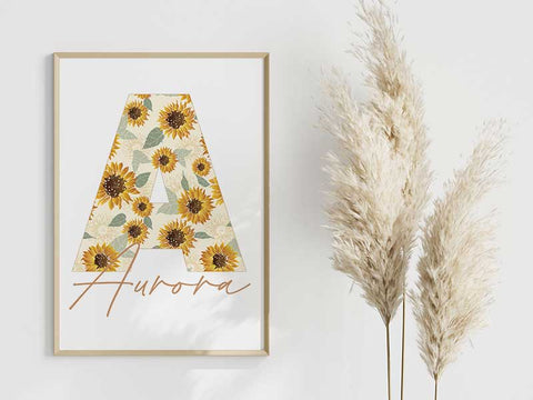 Nursery wall printable picture of the letter a and the name Aurora framed in a wooden frame