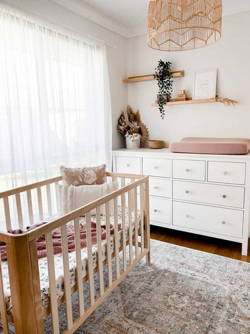 Baby Nursery Room with Snuggly Jacks cot quilt and change mat cover on a Ikea Hemnes dresser