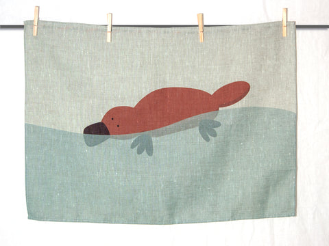 Hand printed platypus tea towel