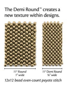comparison of round seed beads and demi round seed bead stitched in peyote