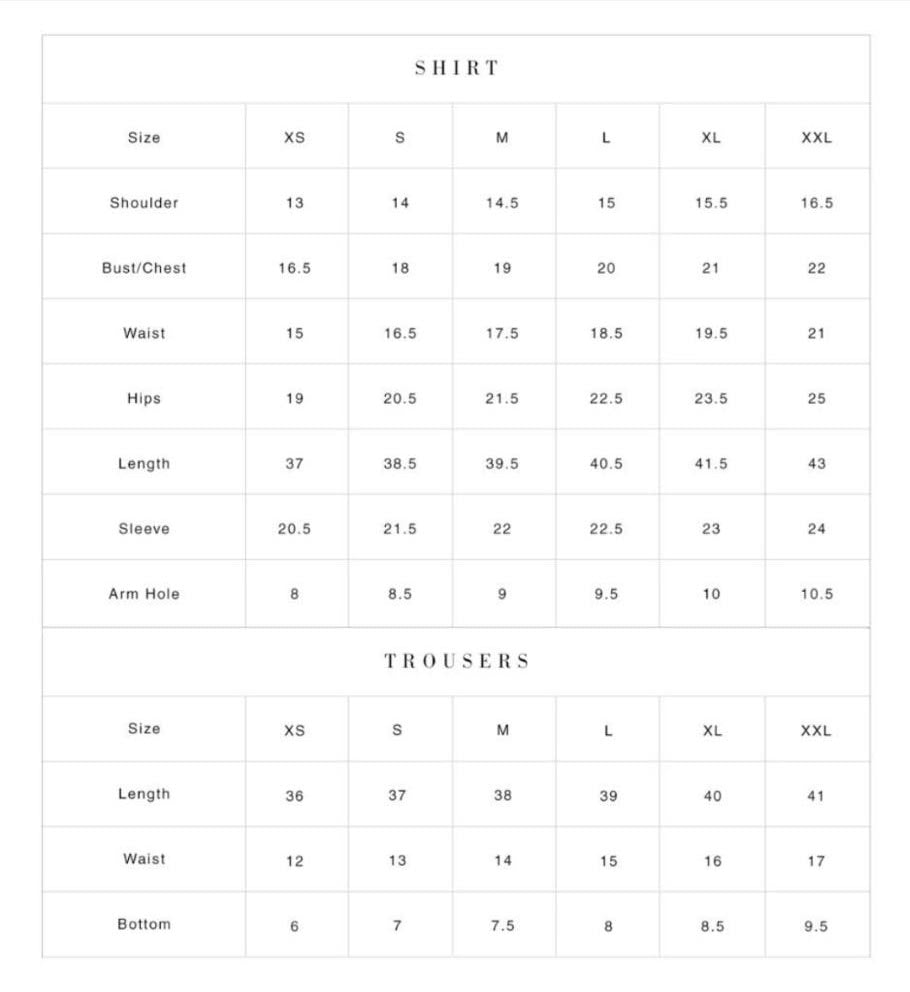 standard sizing chart