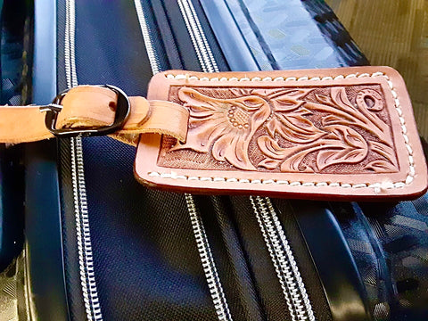 Tooled leather luggage tag