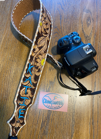 tooled leather camera strap
