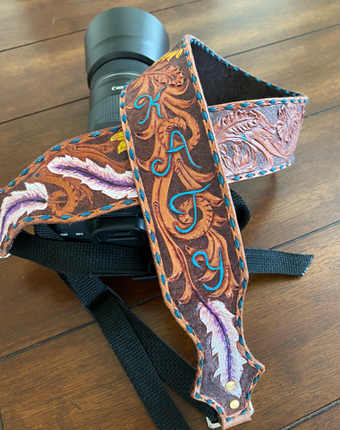tooled leather camera strap