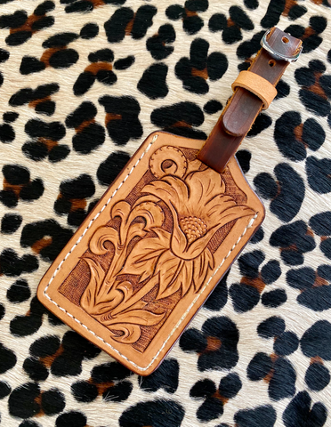 Tooled leather luggage tag