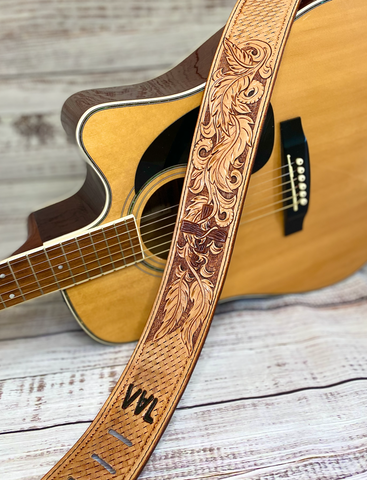 Tooled leather guitar strap
