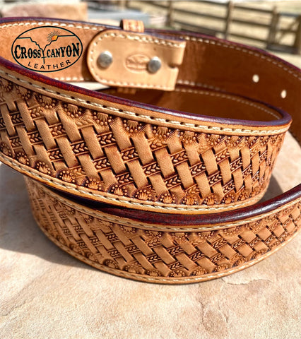 Basket stamped leather belt