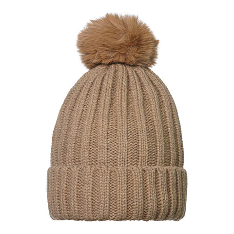 Gebreide muts furry pompon beige