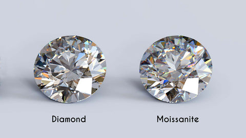 Side-by-side comparison of a Real Diamond and a Moissanite gemstone. The Real Diamond sparkles with brilliance, displaying a fiery dispersion of white light. The Moissanite, similarly radiant, exhibits colorful flashes of light, with a captivating play of colors.