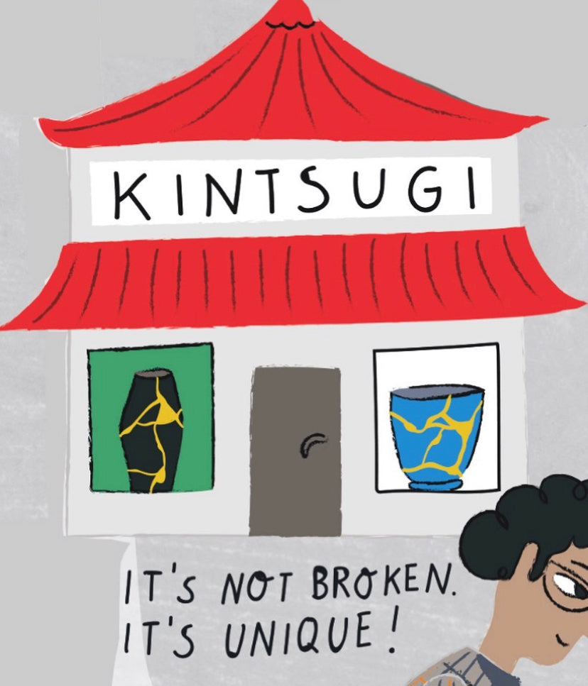 Illustration of a Kintsugi house displaying vases fixed with Kintsugi