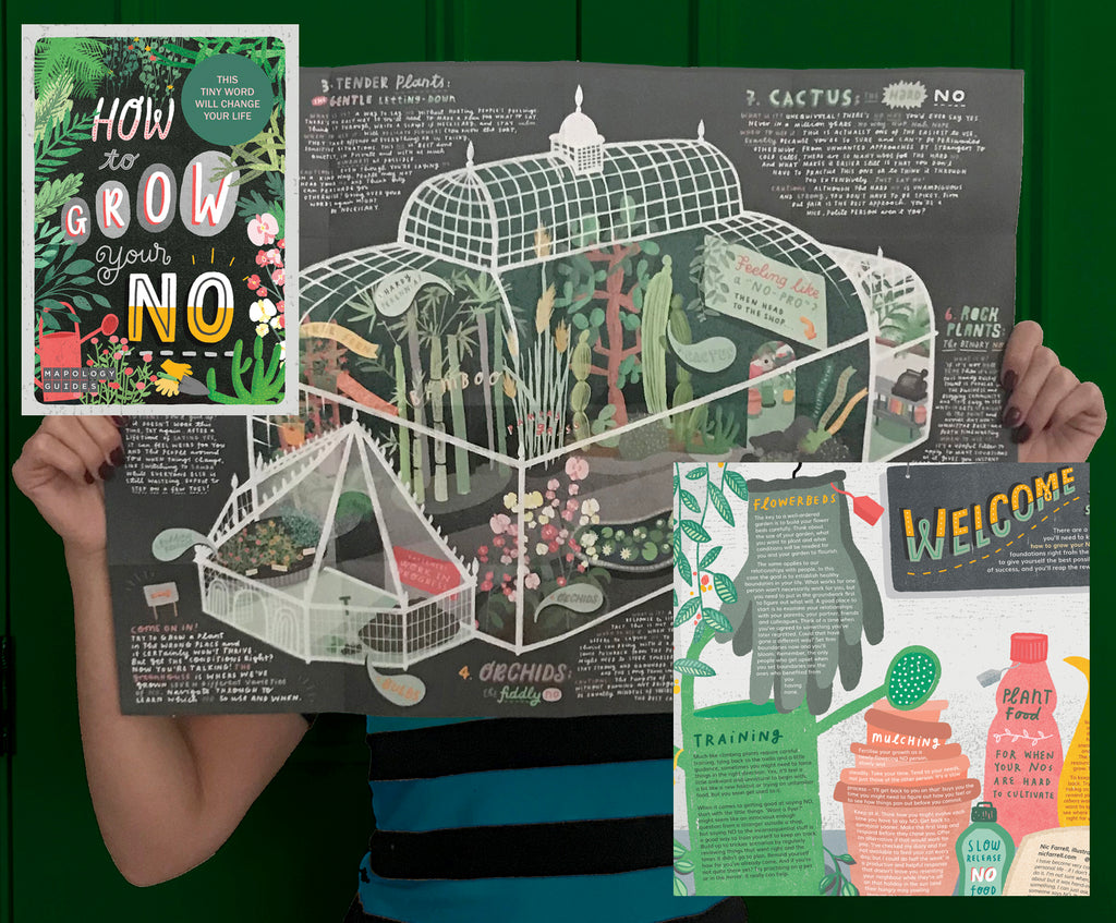 An illustrated green house and the cover of how to grow your no Mapology Guide