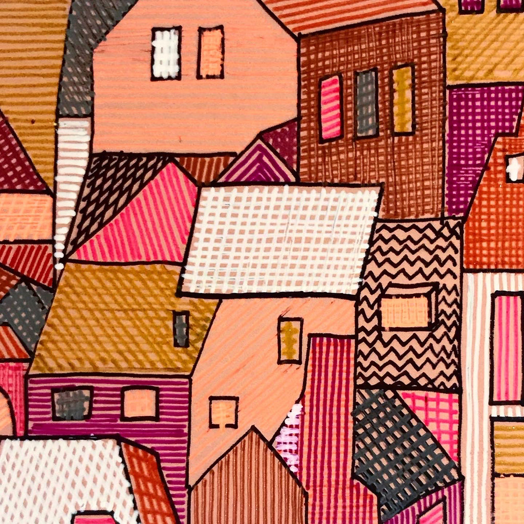 illustrated city scape showing houses and roofs