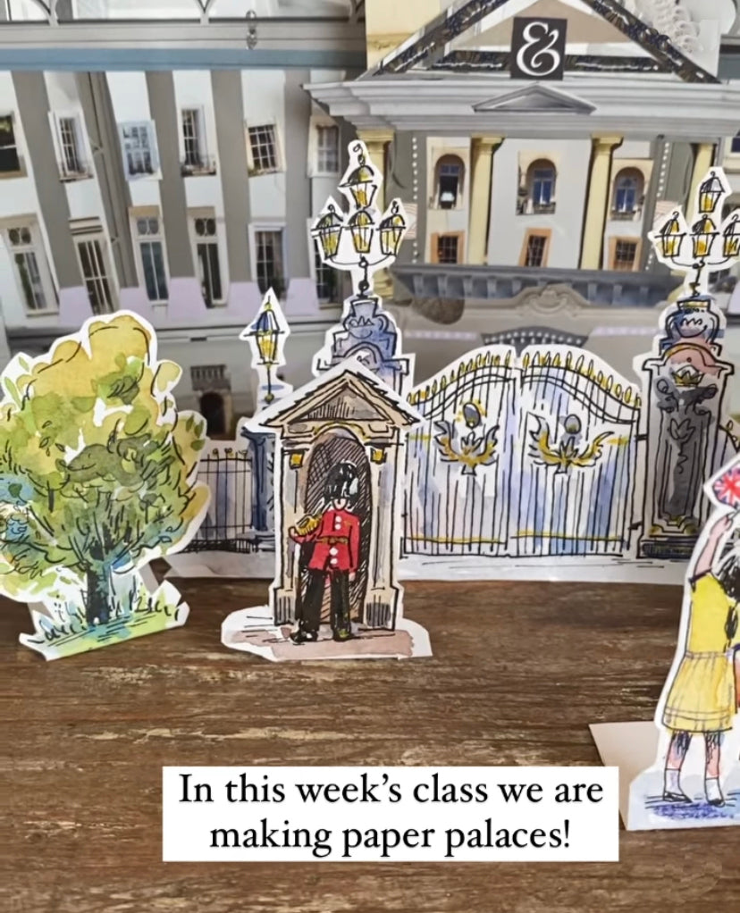 Paper collage making Buckingham palace and paper figures