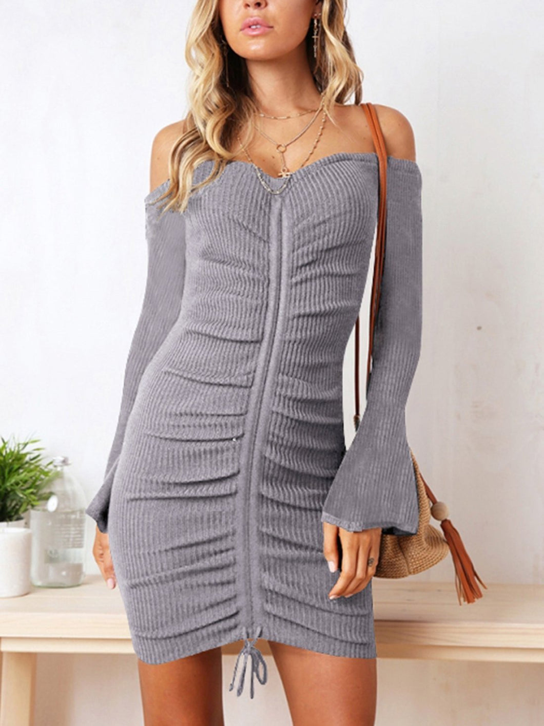 Knit Off Shoulder Long Sleeve Bodycon Mini Dress