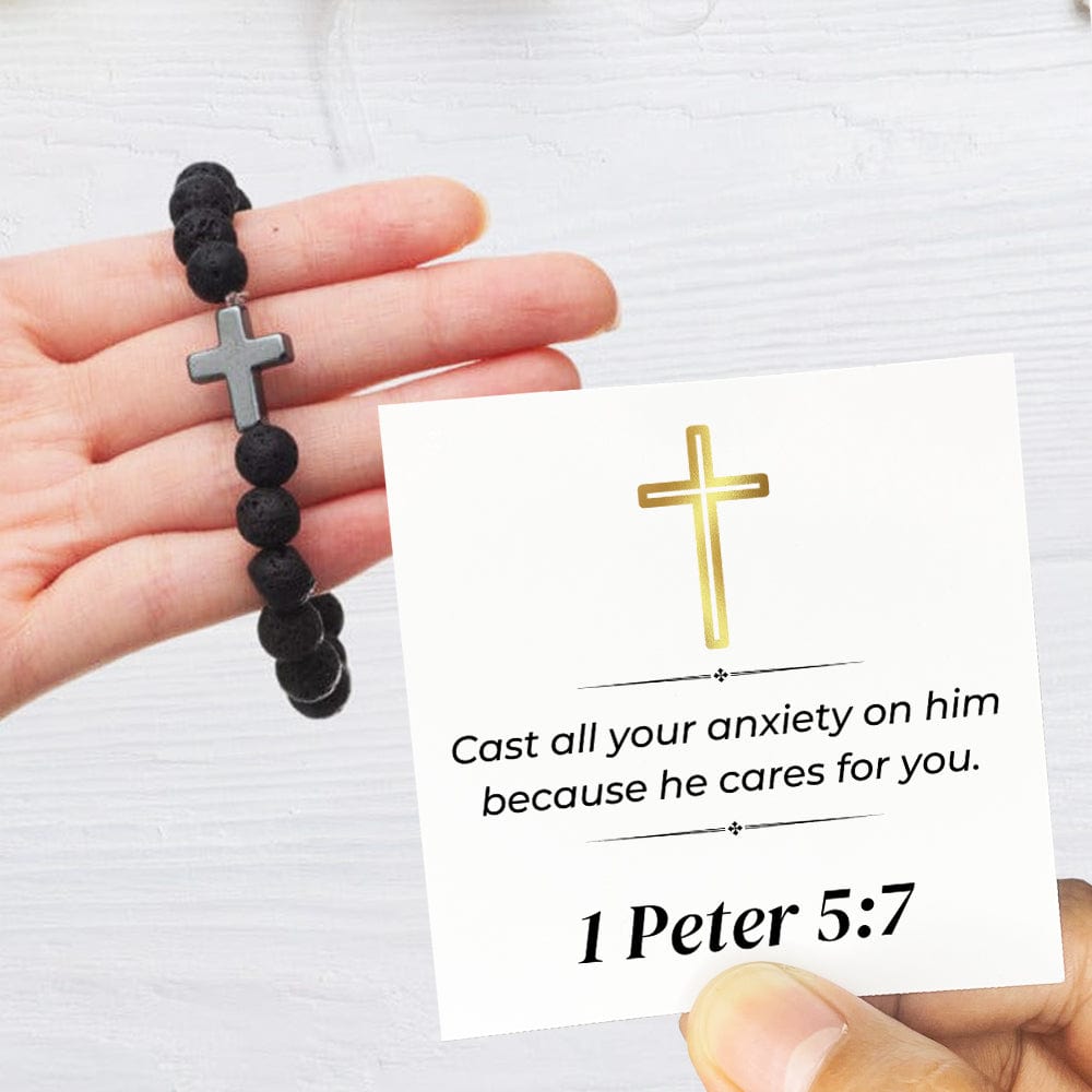 1 Peter 5:7 - Faith Cross - Volcanic Stone Bead Unisex Bracelet (AS08) - Sugar Spring Co product image