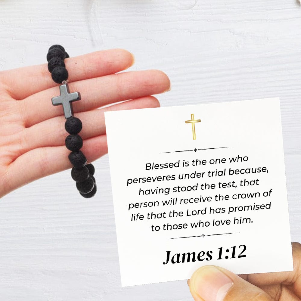 James 1:12 - Faith Cross - Volcanic Stone Bead Unisex Bracelet (AS07) - Sugar Spring Co product image