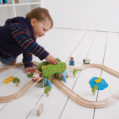 Boy playing with wooden Farm Train Set