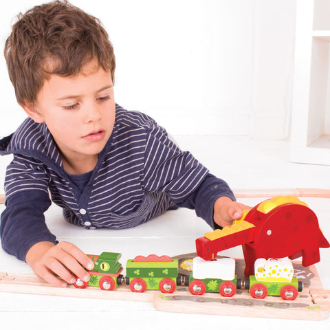 Boy playing with Dinosaur Crane train toy accessory 
