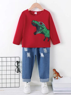 Dinosaur Graphic Round-Neck Long-Sleeve Top & Distressed Pants Set - (4Y-7Y) - Sweet Repeatz Thrifty Boutique