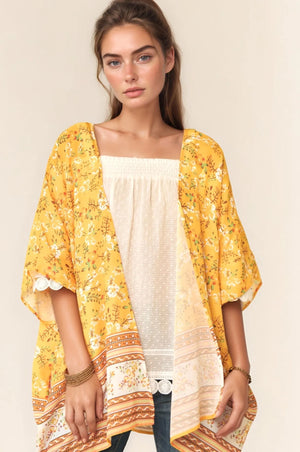 Floral-Printed Short-Sleeve Loose-Fit Kimono Cardigan Cover-Up - Yellow - (S-L) - Sweet Repeatz Thrifty Boutique