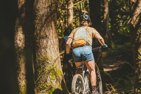 Riding with fanny pack or hip pack in the woods of Bellingham