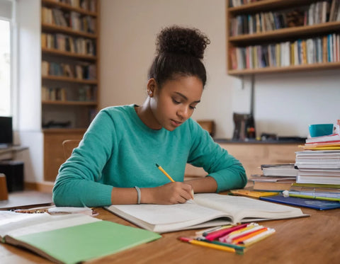 Girl studying at desk workin on homework