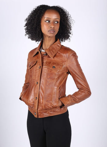 women's brown leather bomber jacket