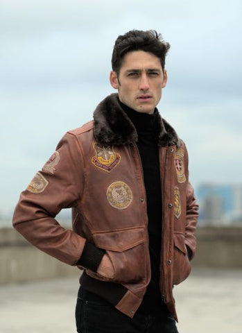 FLAVOR Men's Real Leather Bomber Jacket with Removable Fur Collar Aviator  at  Men’s Clothing store