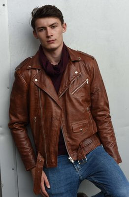 Mens leather biker jacket 3 - brown for softer look