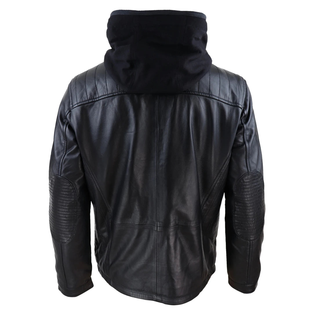 Mens Black Nappa Leather Jacket with Removable Hood | TruClothing.com