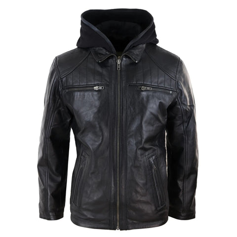 Mens Black Nappa Leather Jacket with Removable Hood | TruClothing.com