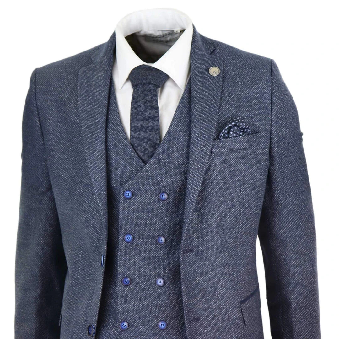 Mens Blue 3 Piece Suit with Double Breasted Waistcoat 