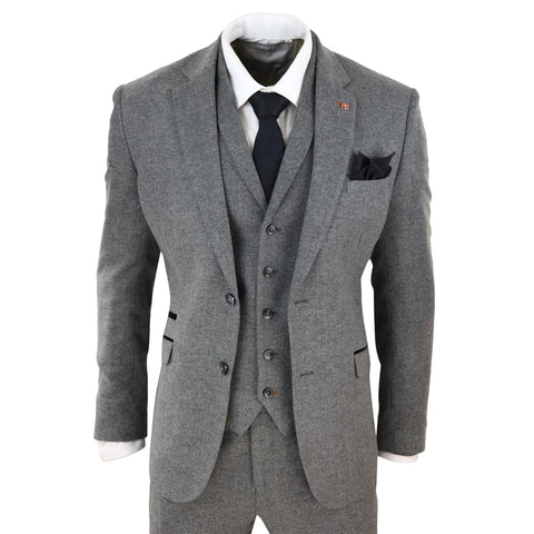 Mens Dark Grey Herringbone Tweed 3 Piece Suit | TruClothing.com