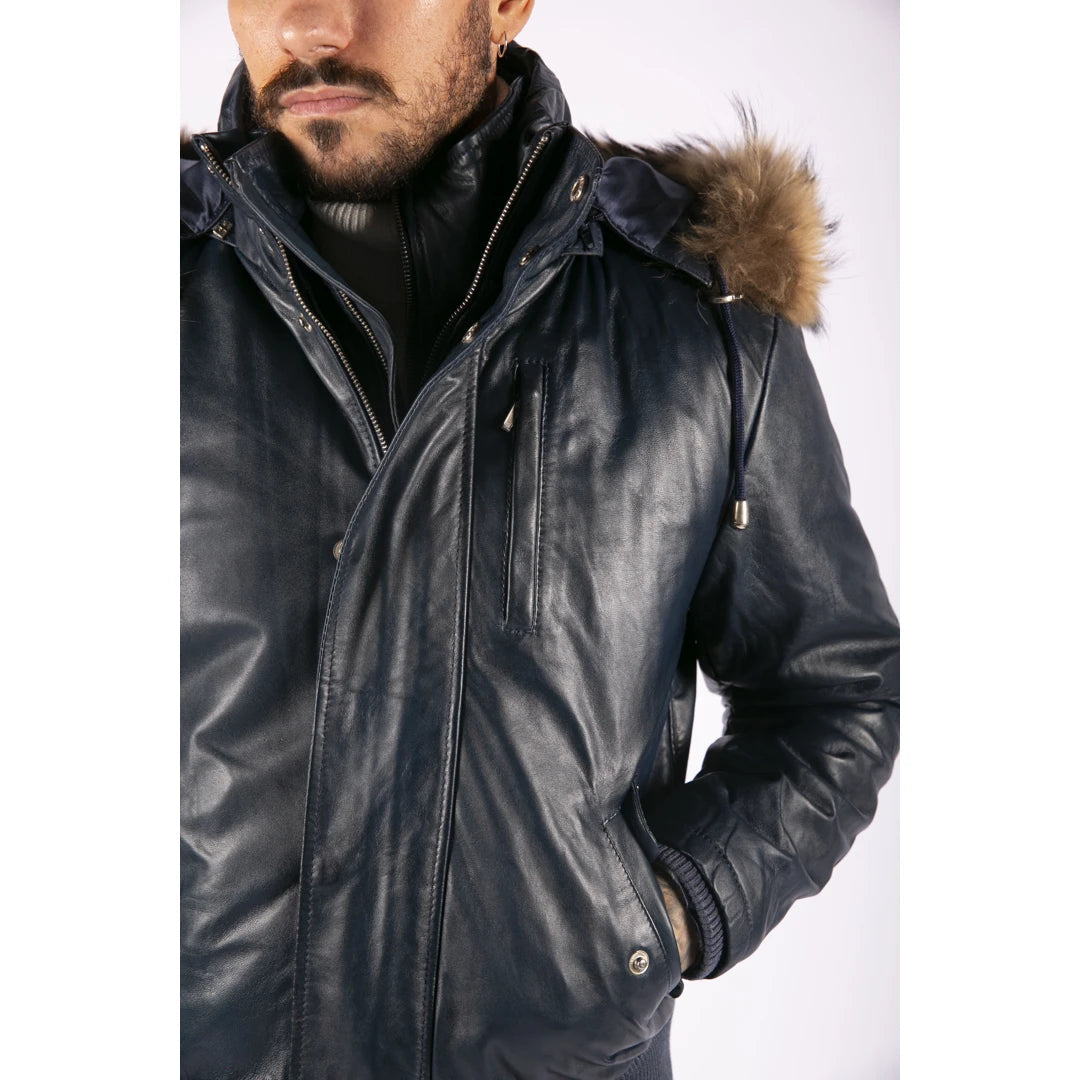 Mens Real Fur Hood Bomber Leather Jacket Black Puffer Padded 