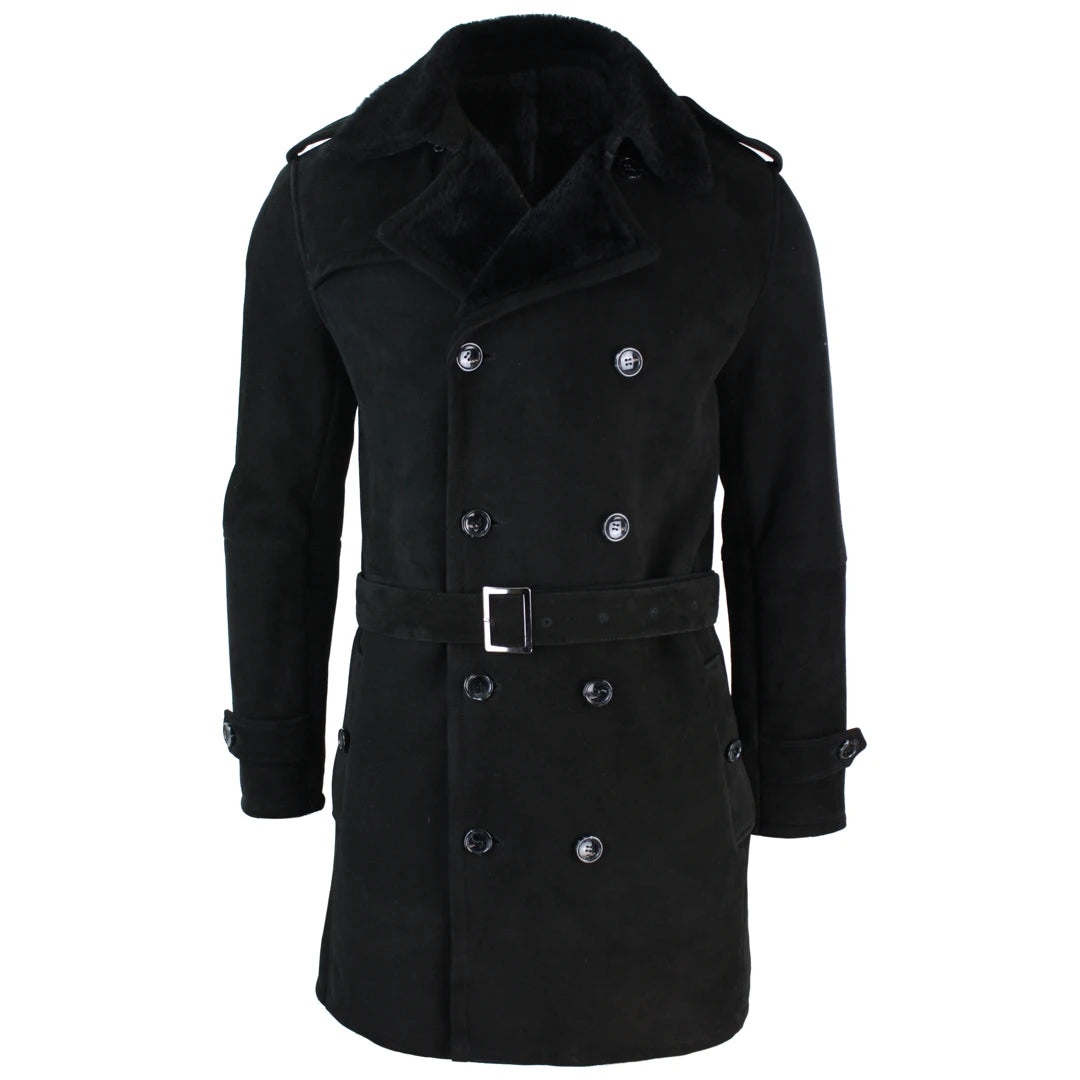 Mens Sherling Sheepskin Black Grey Double Breasted Belted Crombi 3/4 Overcoat-TruClothing
