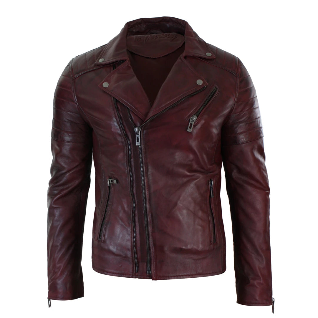 Mens Slim Fit Cross Zip Retro Vintage Brando Real Leather Jacket Vintage Biker 