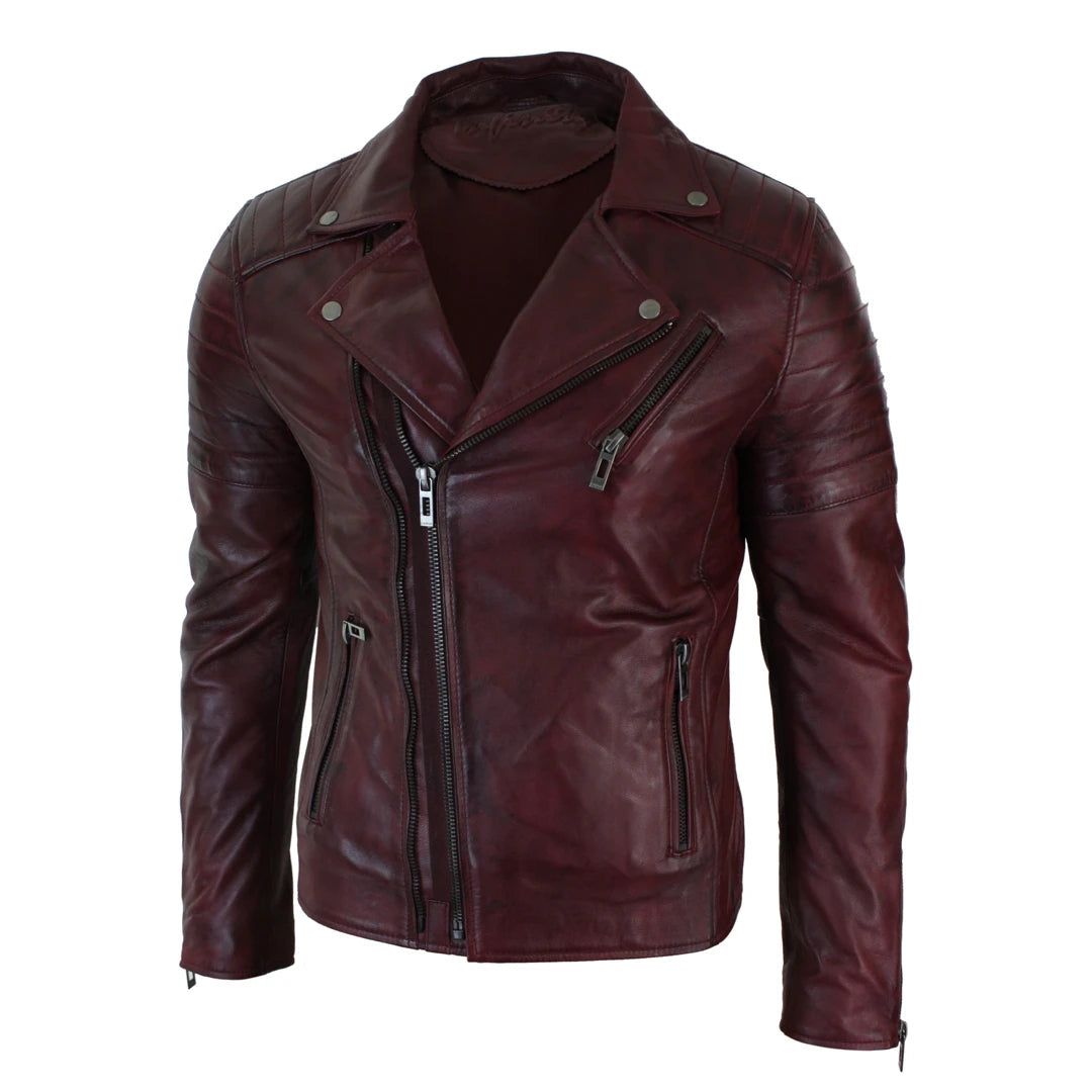 Mens Slim Fit Cross Zip Retro Vintage Brando Real Leather Jacket Vintage Biker 