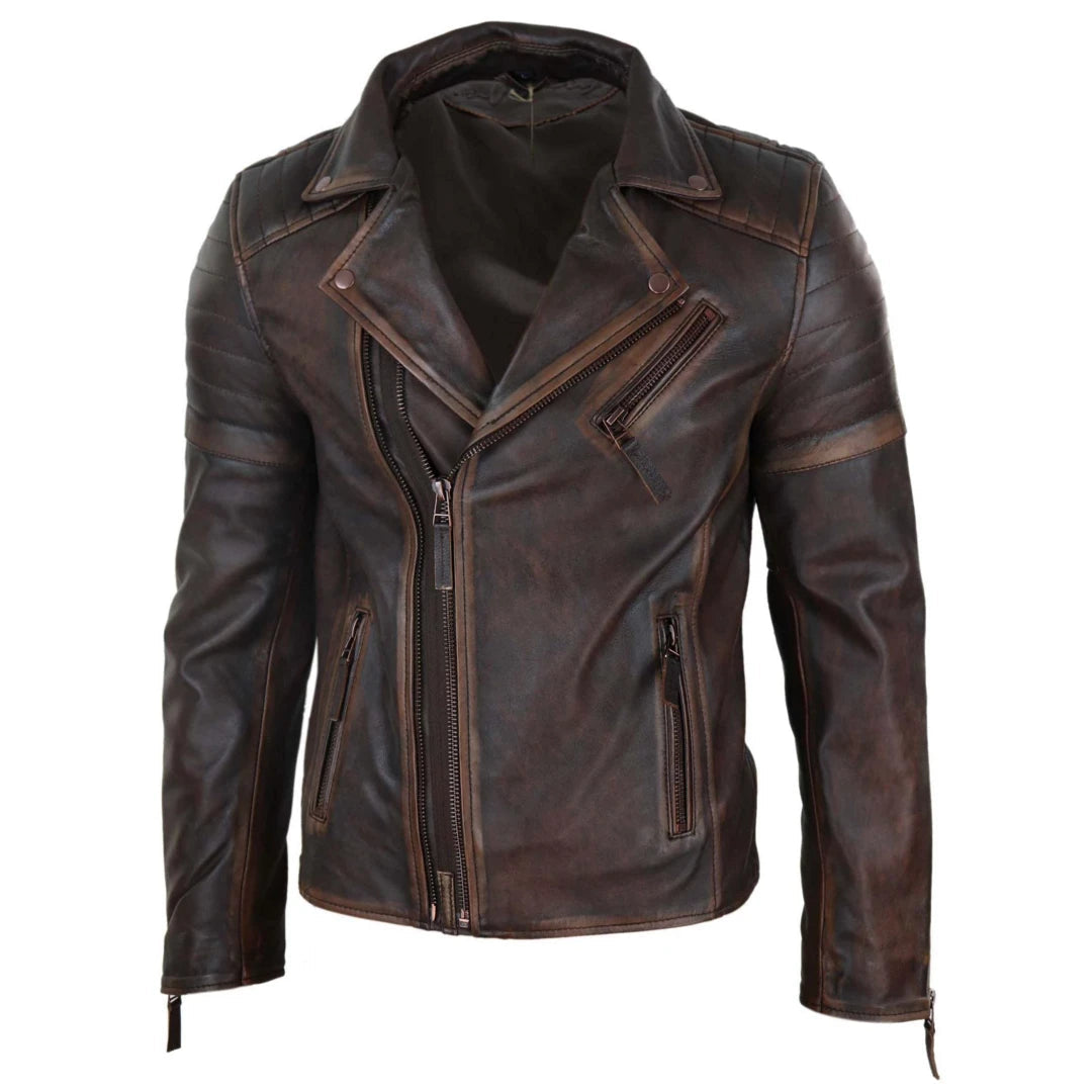 Mens Slim Fit Cross Zip Retro Vintage Brando Real Leather Jacket Vintage Biker 