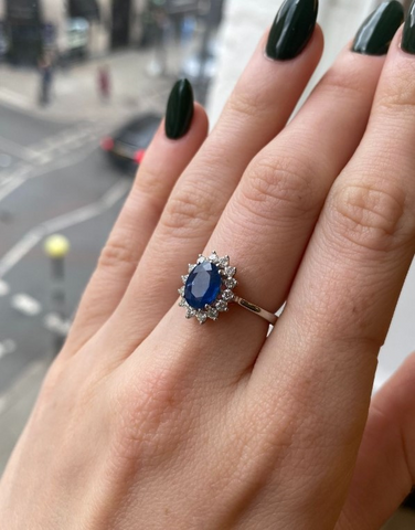 This Sapphire Ring with a halo of diamonds was a major mother’s day gift, chosen due to it being the shared birthstone of mother and son