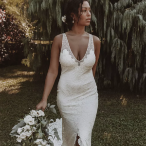 A wedding dress with a plunging neckline