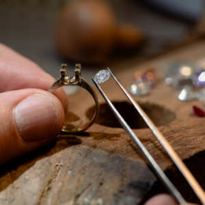 A diamond being inserted into a ring