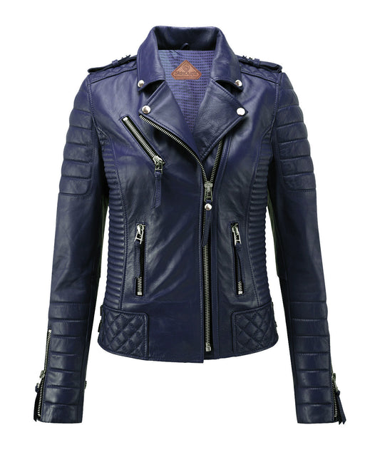 Navy Blue Leather Jacket for Women's Biker Jacket Leather 